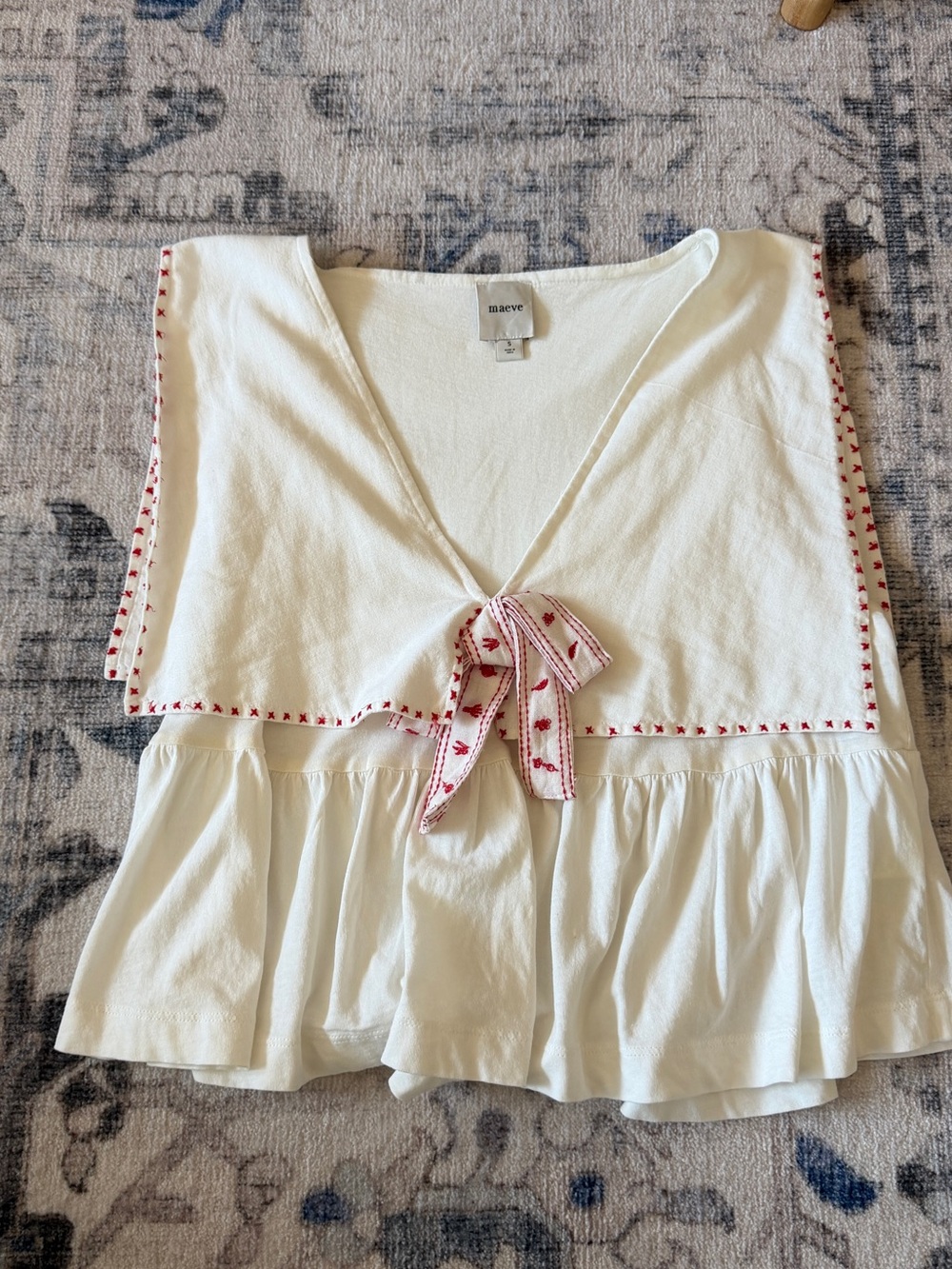 Anthropologie White Tank with Red Embroidered Trim and Bow